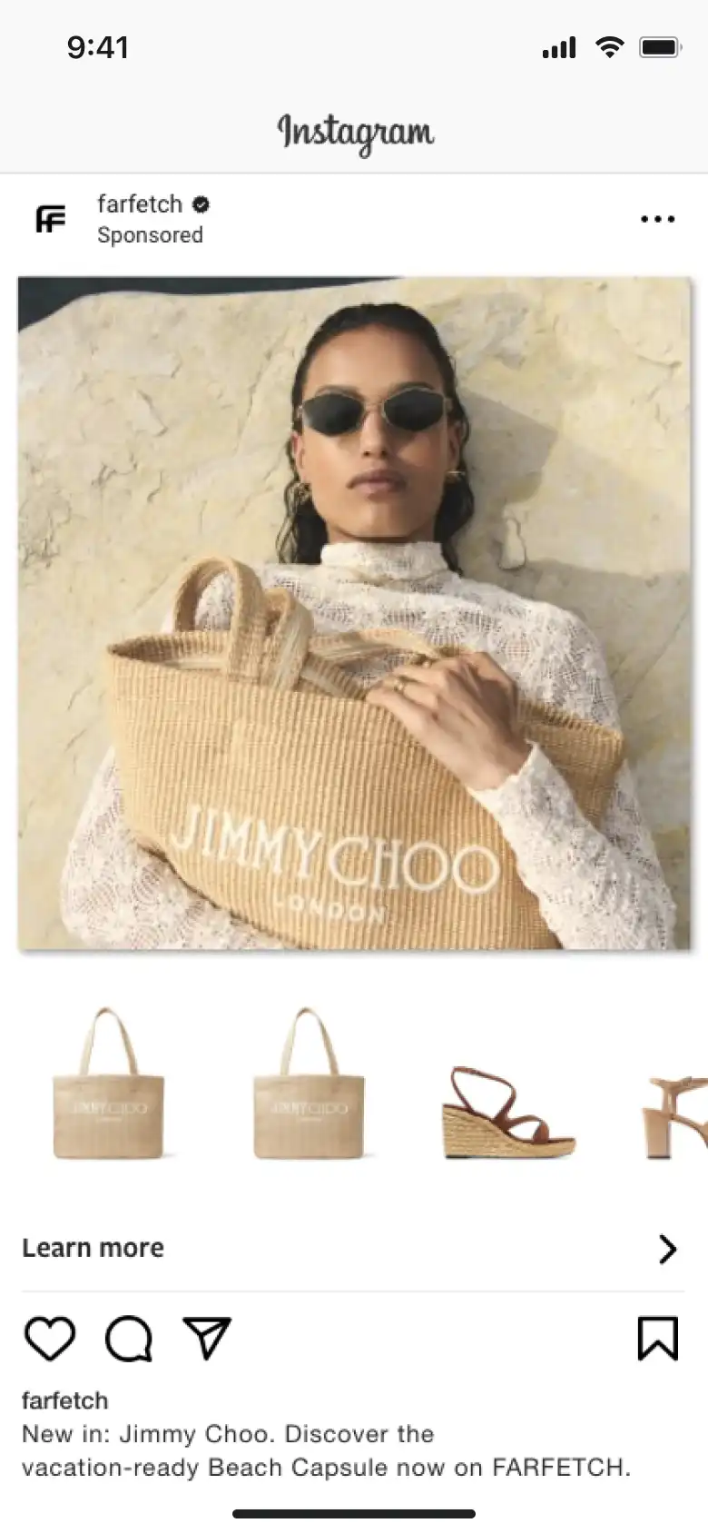 Image containing a smartphone showing a sponsored product of JIMMYCHOO Bag on Instagram