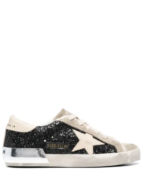 Golden Goose Super-Star trainers in black glitter with cream star and suede inserts