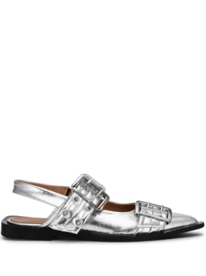 GANNI double-buckled metallic-effect ballerina shoes