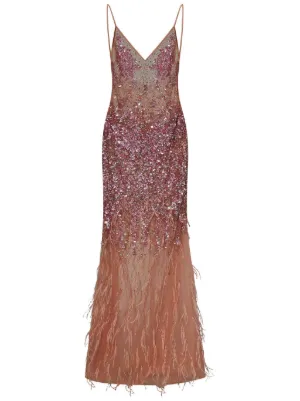 ROOM76 sequin-feather embellished v-neck dress