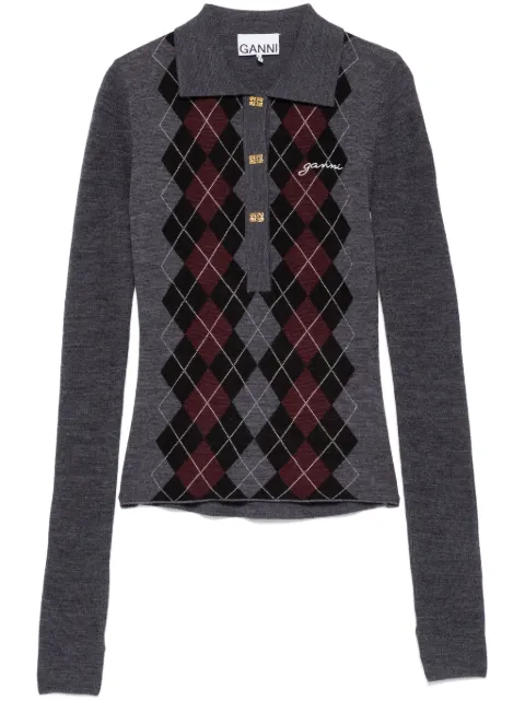 GANNI grey knitted polo shirt