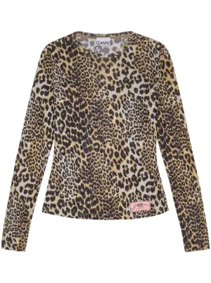 GANNI leopard printed mesh long-sleeve blouse