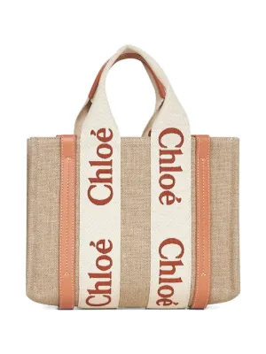 Chloé small Woody logo-detail linen tote bag