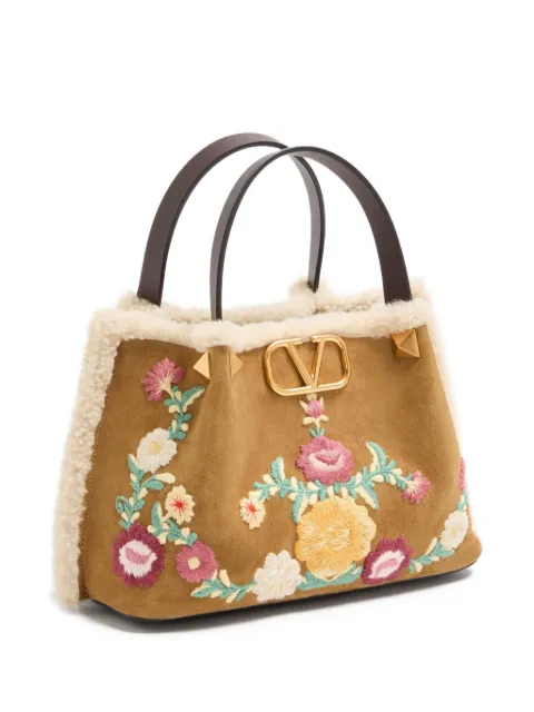 Valentino Garavani small shopping bag in embroidered suede with sheepskin lining
