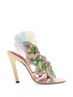 Valentino Garavani Dans Le Foyer sandals in moir&eacute; fabric with floral embroidery and feathers 105mm