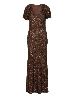ROTATE BIRGER CHRISTENSEN sequins midi V-neck dress dark brown