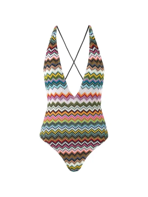 Missoni one-piece swimsuit in lamé viscose with pixel-effect zigzag pattern and V-neckline