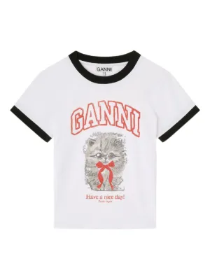 GANNI white cropped Kitty T-shirt