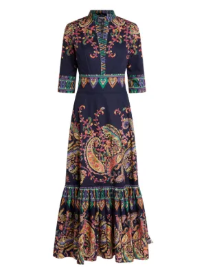 ETRO long cotton dress with placed floral Paisley print