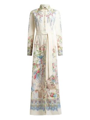 ETRO long cotton shirt dress with placed flora and fauna print