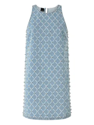 PINKO denim mini dress with diamond and rhinestone motif