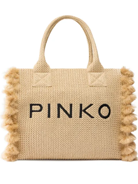 PINKO medium beach shopping tote in raffia with logo and tassels