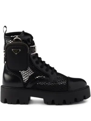 Prada mesh fabric and brushed leather booties with pouch