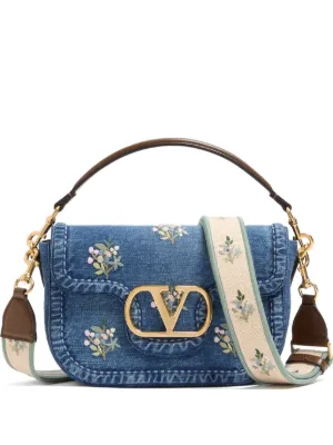 Valentino Garavani Alltime medium shoulder bag in embroidered denim with embroidered ribbon strap