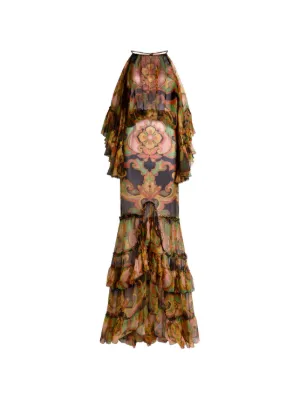 ETRO long silk dress with ruffles and placed floral print