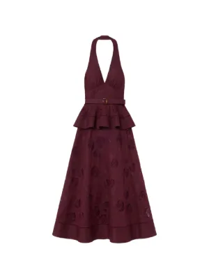 Self-Portrait plum linen-blend peplum midi dress
