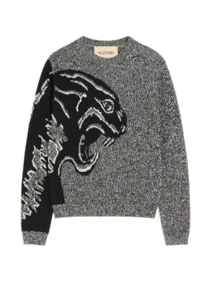 Valentino Garavani cotton and moulin&eacute; wool sweater with panther jacquard