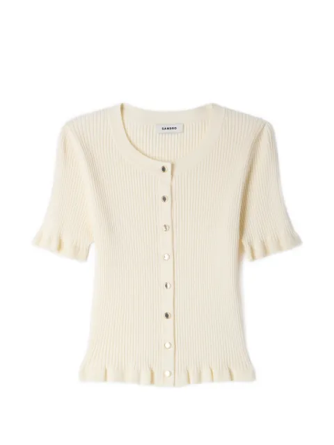 SANDRO ruffle-trim ribbed-knit cardigan