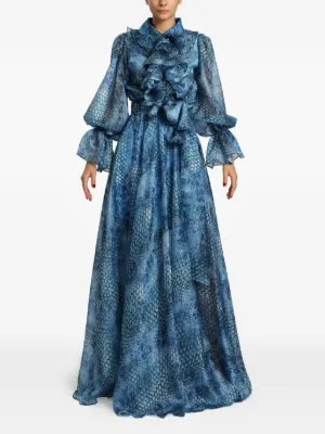 MIAU by Clara Rotescu Oceana ruffled snake-print maxi dress