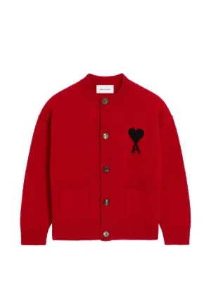 AMI Paris crewneck wool cardigan with Ami de Coeur