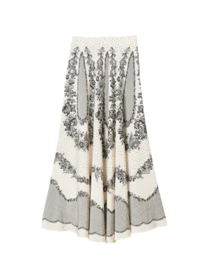 TWINSET jacquard satin long skirt with floral and polka dot pattern