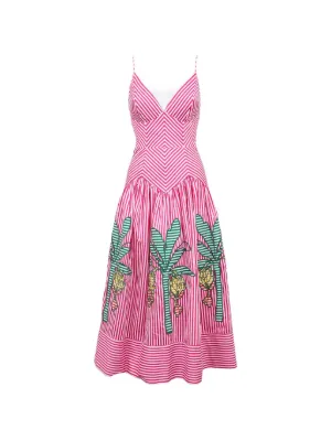 FARM Rio palm tree-embroidered striped midi dress