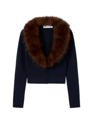 Self-Portrait navy faux-fur knit cardigan