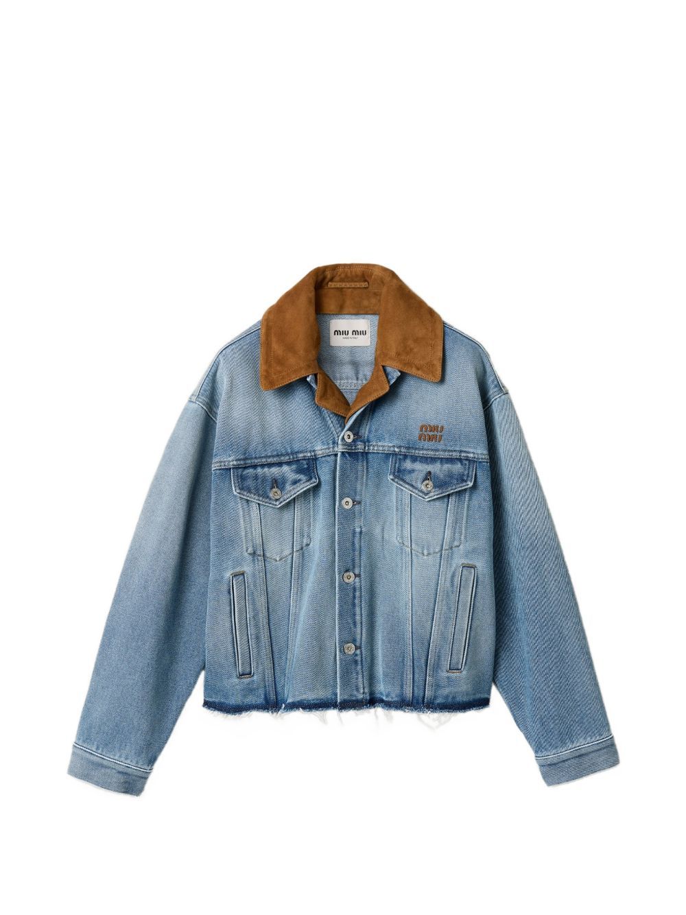 Miu Miu leather-collar raw-hem denim jacket