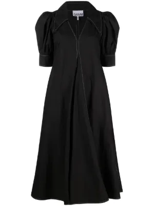 GANNI puff-sleeved box-pleat dress